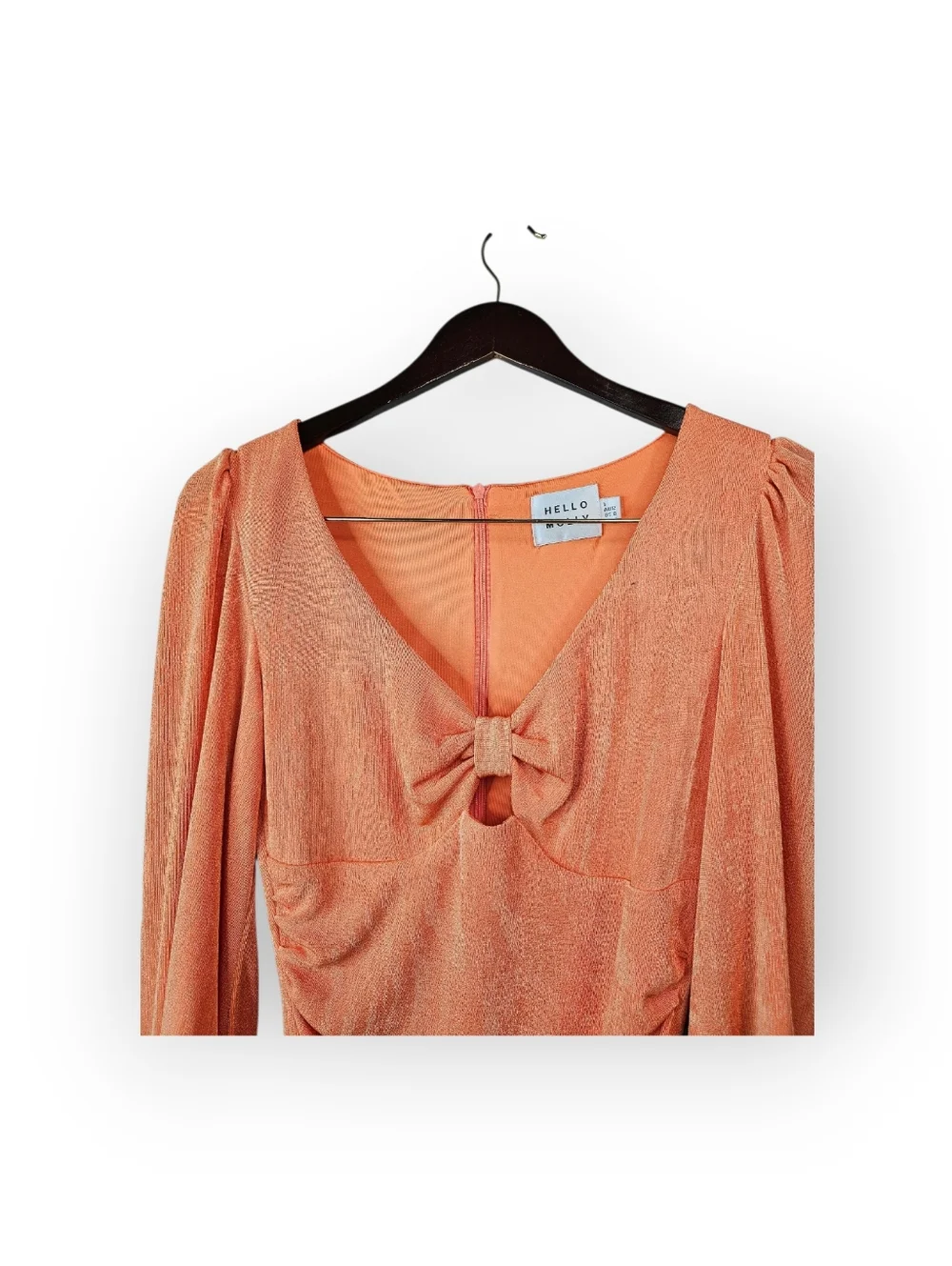 Hello Molly Orange Ruched Mini Dress Bow Front Long Sleeve Women’s AU 12 US 8 - Picture 3 of 5
